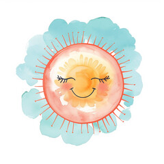 Vibrant Watercolor Illustration: The Bright Sun Shines in a Playful Cartoon Style