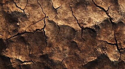 Fototapeta premium Close-up of dry, cracked earth texture, showing rich brown tones and rough, rugged patterns. Ideal for backgrounds and environmental themes.