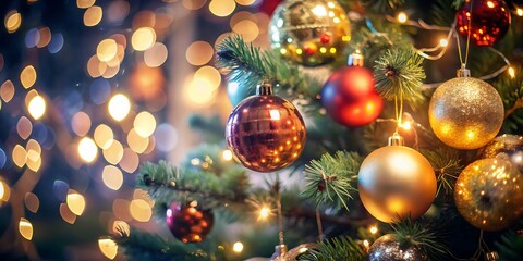 Christmas Tree With Baubles And Blurred Shiny Lights