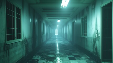 An abandoned hospital corridor bathed in eerie green lighting creates an unsettling and ominous atmosphere. The decayed walls and flickering lights add to the feeling of desolation and fear.