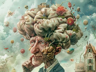 A surreal illustration of an old man with a brain overflowing with flowers, balloons, and strange objects.
