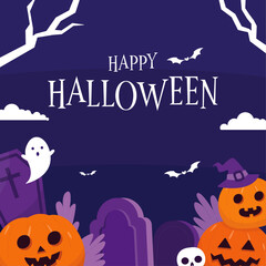 Happy halloween poster background with night clouds and pumpkins Vector illustration flying bats