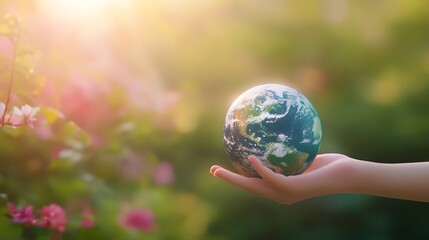 Hand Offering Earth as a Gift: A hand gently offering the Earth forward, as if presenting it as a precious gift, with a soft-focus background.
