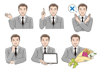 線画人物　ビジネスマン男性のポーズセット　案内　悩む　タブレットで説明　花束を持つ　