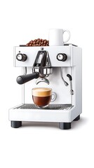 Artistic Close-up of Handcrafted Espresso Machine with Coffee Beans in Watercolor Style on Minimalist Background Enhanced by Clear Light and Sharp Focus