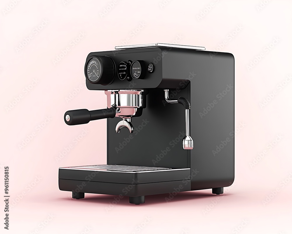 Poster monochrome top view of espresso machine with clear light and sharp focus on pastel background - high
