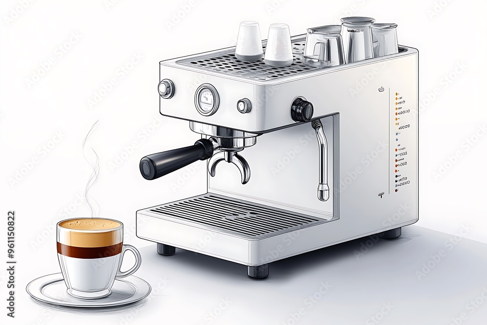Poster artistic espresso machine and coffee sketch with intricate industrial design in soft light first per
