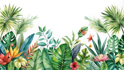 Watercolor seamless border of tropical foliage with jungle plants and flowers in a floral