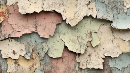 Obraz premium Close-up of old, peeling paint in various pastel colors, showcasing texture and decay. Perfect for backgrounds or urban decay themes.