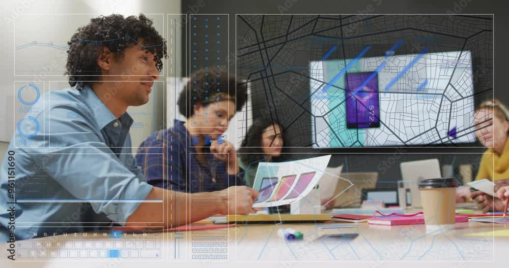 Poster analyzing data and charts animation over diverse team in meeting room