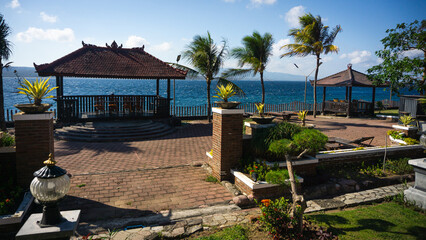 The beautiful view of Watu Dodol beach in Indonesia with blue sea from the hotel