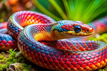 Fototapeta premium A colorful snake with a blue head and red and yellow stripes