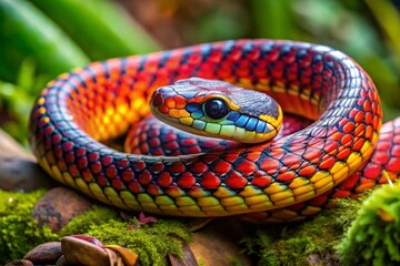 Fototapeta premium A colorful snake with a blue head and red and yellow stripes