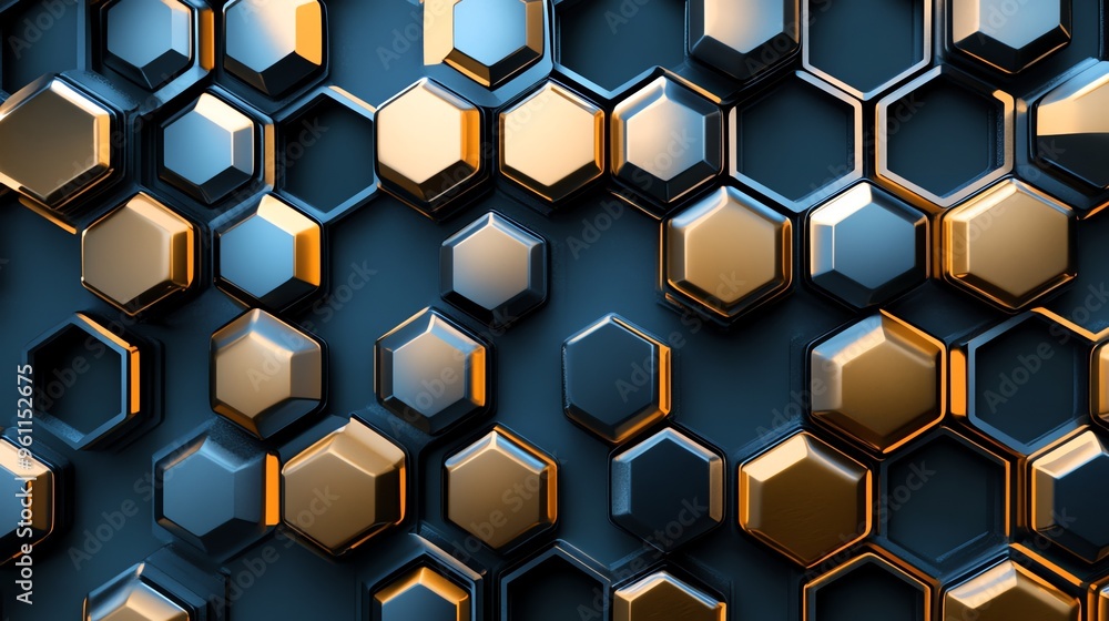 Poster abstract hexagonal pattern with blue and gold colors.