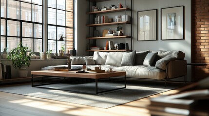 A cozy and stylish living room featuring a comfortable sofa, wooden coffee table, and large windows for natural light.