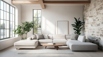 A modern living room featuring a spacious sectional sofa, natural light, and minimalist decor for a serene atmosphere.