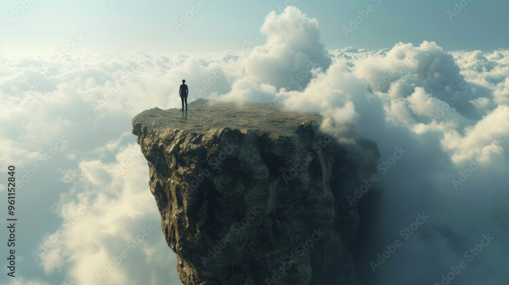 Poster a lone figure stands on the edge of a towering cliff amidst a sea of clouds, creating a surreal and 