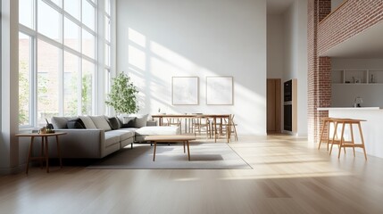 Fototapeta premium Bright and airy modern living room with large windows, cozy sofa, and contemporary furniture, perfect for stylish interior design.