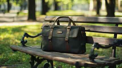 forgotten or stolen Brown leather handbag on wooden bench in park on a bright sunny day
