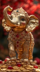 Obraz premium Golden elephant statue with trunk standing majestically on a pile of sparkling gold coins and colorful gems, symbolizing fortune, power and prosperity. Feel the prosperity and success.