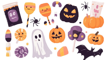 Naklejka premium A collection clip art illustrations featuring a variety of Halloween-themed candies and sweets. Candy corn, lollipops, jack-o'-lanterns, bats, and wrapped candies with Halloween colors and motifs.