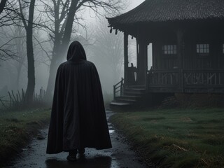 Mysterious Figure in Foggy Village Street