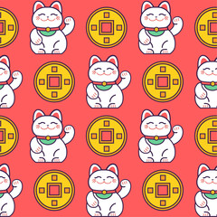 vector seamless pattern with maneki-neko
