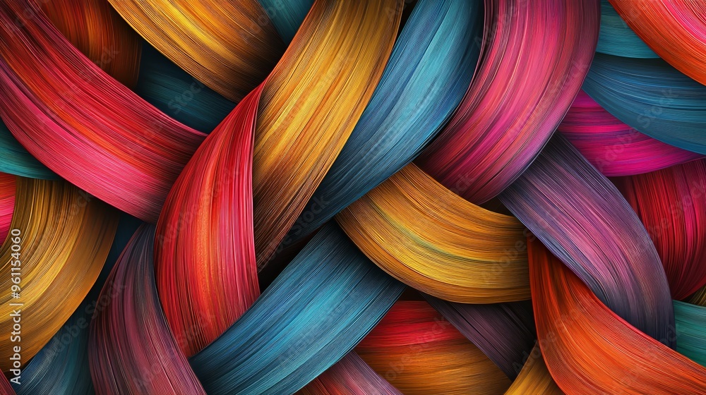 Poster abstract colorful ribbons intertwine in a dynamic, artistic pattern.