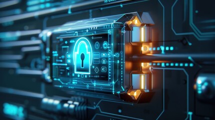 Futuristic digital lock with holographic interface, cybersecurity, secure online access