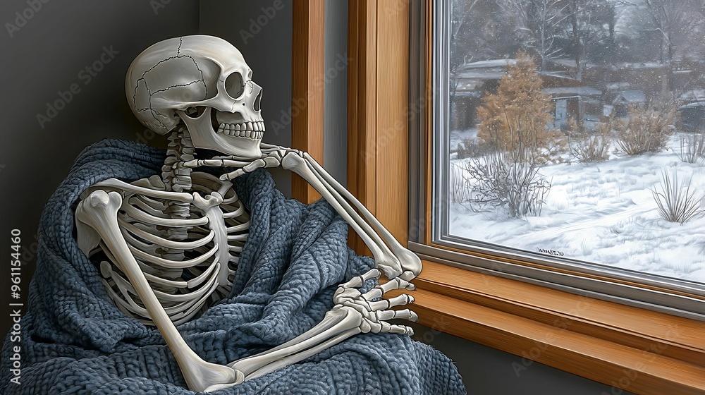 Poster cozy skeleton wrapped in a blanket by a window in color pencil style with tilt perspective and paste