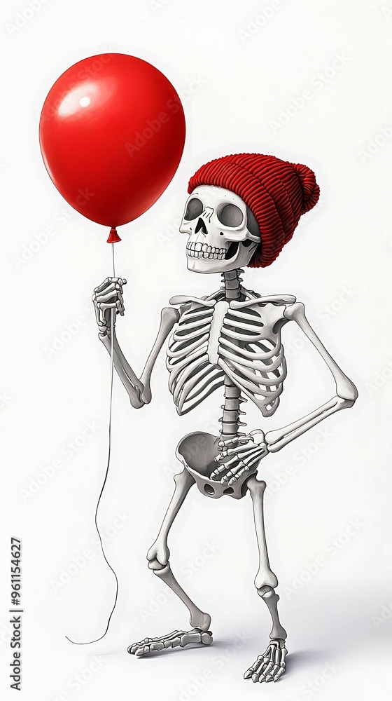 Poster whimsical skeleton with balloon in color pencil style - minimalist low-angle view with clear light a