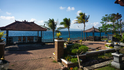 The beautiful view of Watu Dodol beach in Indonesia with blue sea from the hotel