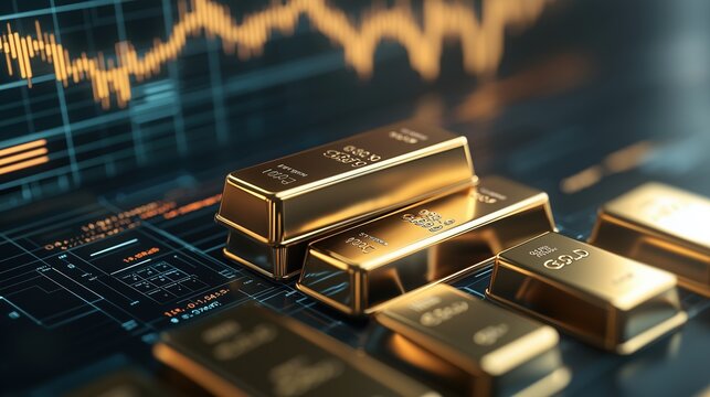 Stacks of gold bars on a financial graph background, representing increasement of  wealth, investment, and the global economy.