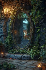 A mystical mirror adorned with vines, reflecting an enchanting stone pathway illuminated by soft lantern light.