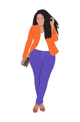 Curvy woman in stylish modern office clothes. Plus size female beauty wearing smart casual business fashion outfit. Vector realistic illustration isolated on transparent background