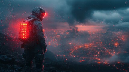 Fototapeta premium A lone futuristic soldier stands on a mountain overlooking a burning landscape.