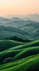 Stunning green hills layered under a soft sunset glow, showcasing the beauty of nature's landscape in serene harmony.
