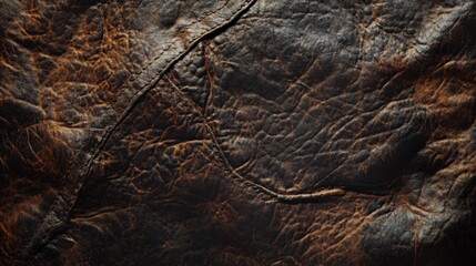 Close-up of weathered dark brown leather texture showing rich creases, wear patterns, and natural aging for diverse design uses.