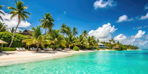 Obraz premium Luxurious beach resort with turquoise waters, palm trees, white sand, and bright blue skies, summer, holiday, vacation, paradise