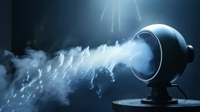 Spherical machine releases ethereal mist in dimly lit environment. Ghostly tendrils float, seemingly controlled by unseen magnetic fields. 