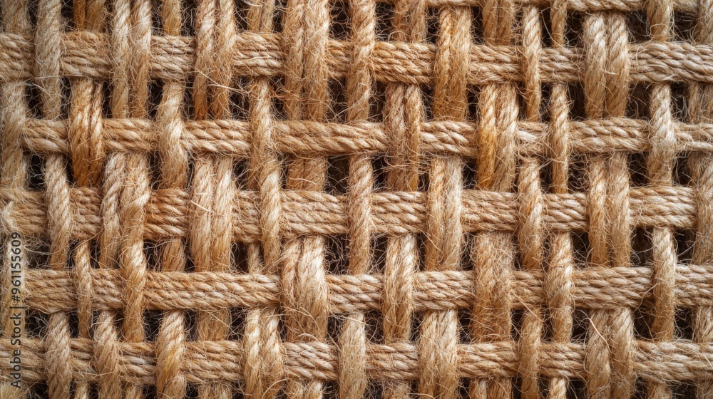 Poster close-up of woven texture fabric, showing intricate pattern of natural fibers in warm tones, ideal f