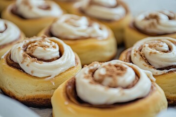 A batch of freshly baked cinnamon rolls topped with cream cheese frosting, still warm from the oven