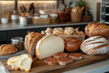 A variety of freshly baked breads displayed on a wooden board in a cozy kitchen setting.