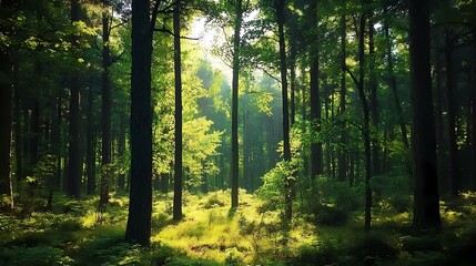 Obraz premium Lush green forest with sunlight streaming through the trees, creating a serene atmosphere.