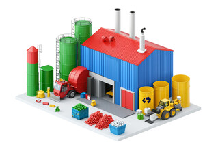 Colorful industrial factory with trucks and waste containers. Concept of manufacturing, recycling, and environmental management
