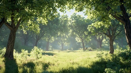Obraz premium Serene forest landscape with lush greenery and soft morning light.