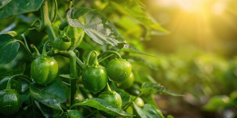 Unripe green pepper berries on the vine in a countryside farm environment