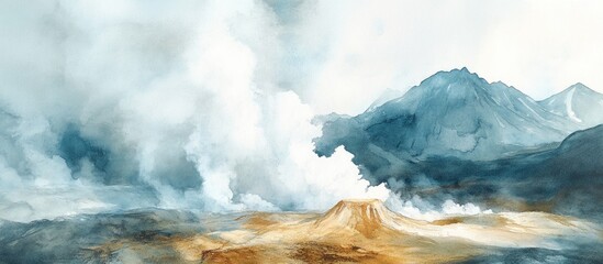 Majestic Landscape of a Volcano Surrounded by Ethereal Clouds in Watercolor Style