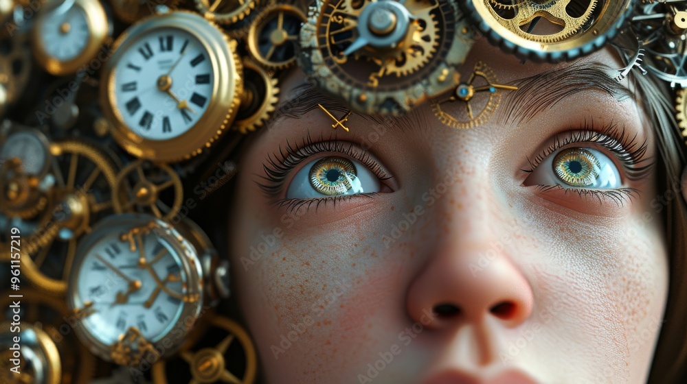 Poster a detailed close-up of a human face with mesmerizing blue eyes, surrounded by an intricate array of 