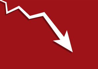 White arrow graph drop arrow down  on red background. Money losing. Stock crisis and finance concept.